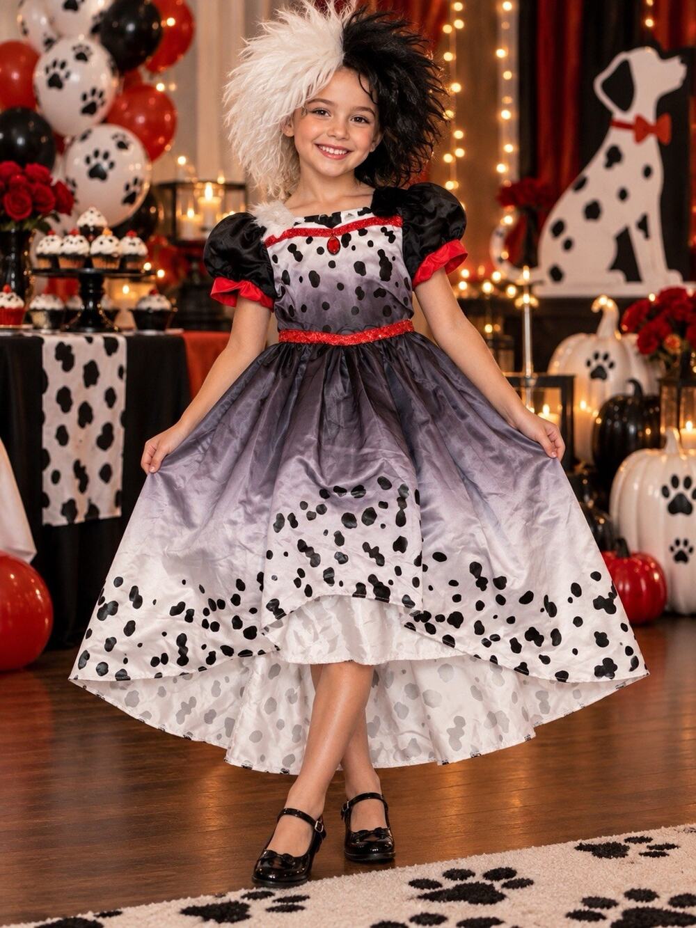 Disney Cruella De Vil Girl's M (8-10) Faux Fur Collar Costume Dress Only